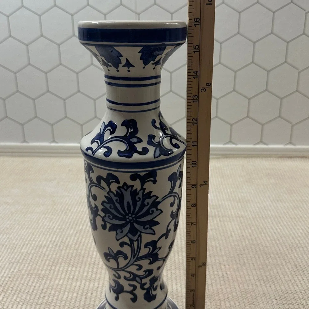 Blue and White Chinoiserie Ceramic Pillar Candle Holder Floral 15.5 Inch Tall